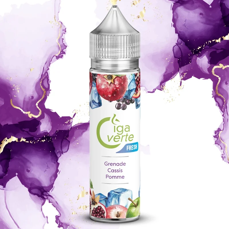E-liquide 50 ml, Cigaverte, saveur grenade, pomme cassis frais.